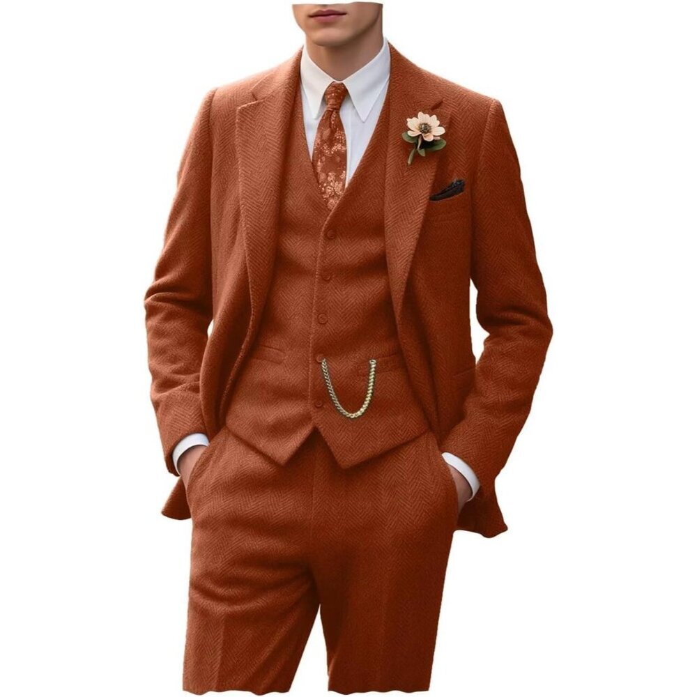 Men's Orange 3 Piece Slim Fit Herringbone Suit Groom Tuxedo Wedding Set